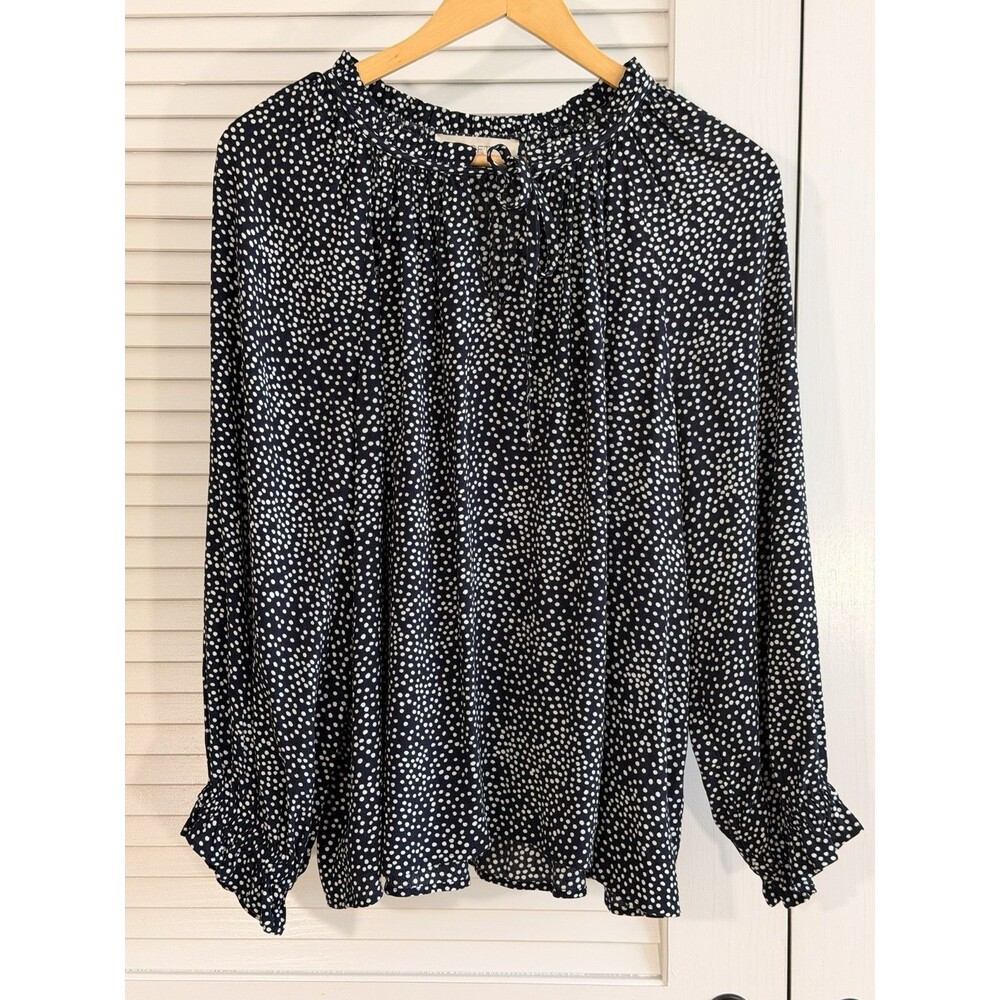 LOFT Women L Navy White Abstract Dot Blouse Tie Neck Ruffle Long Sleeve Romantic